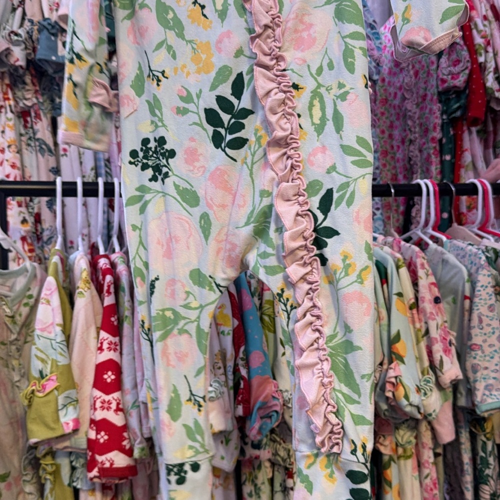 SweetHoney Floral Ruffle Footie - Pink and Green layette